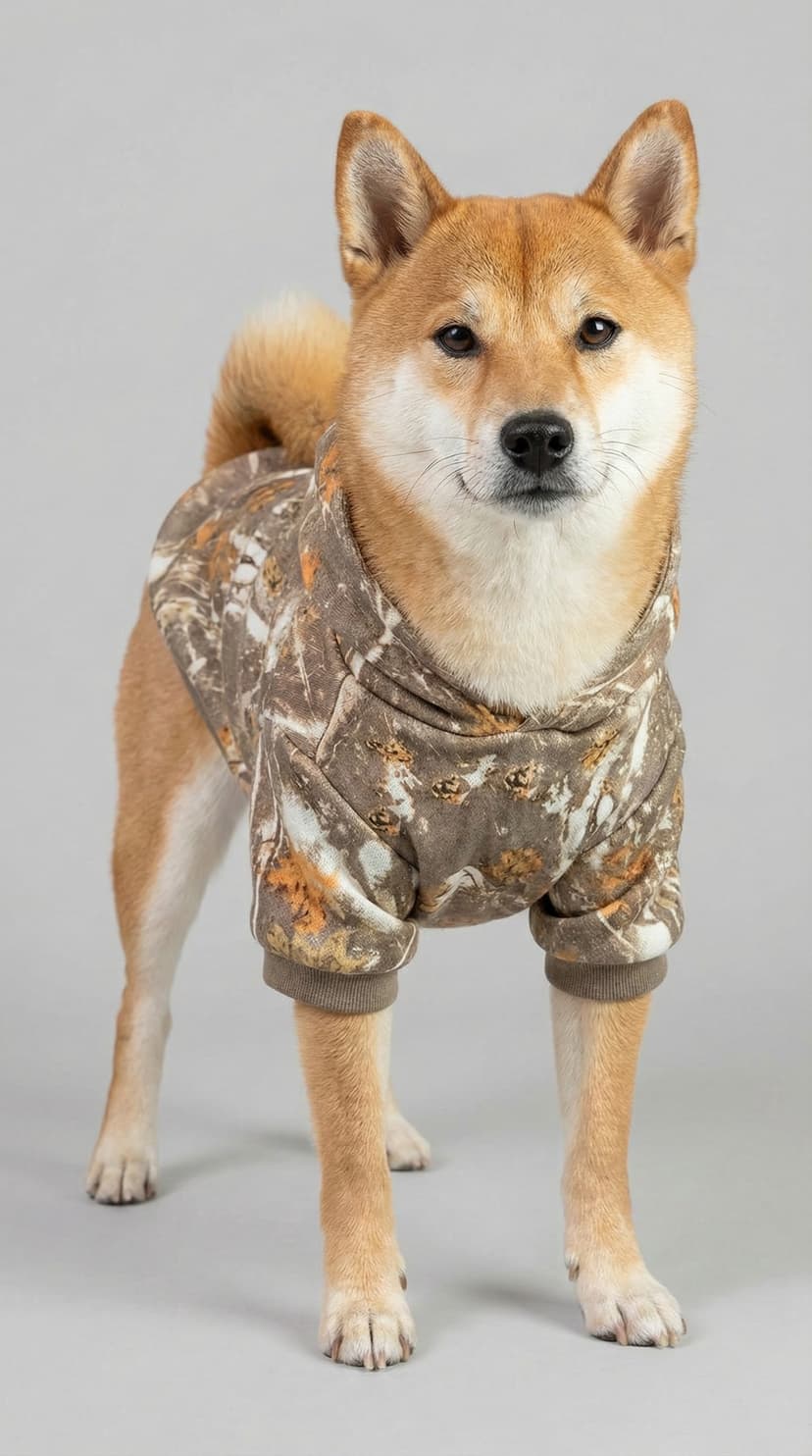 Shiba Inu wearing autumn camo pet hoodie